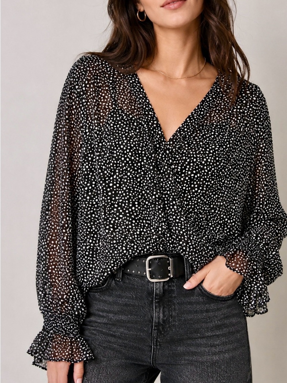 AllSaints Black White Polka Dot Sheer Wrap Blouse Large Boho Peasant Top